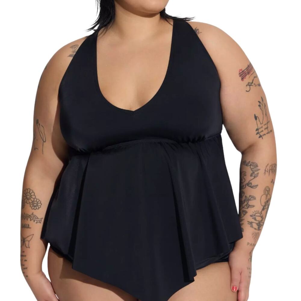 Torrid Wireless V-Neck Tankini Top Black Handkerchief Hem Multiway Straps Sz 3X